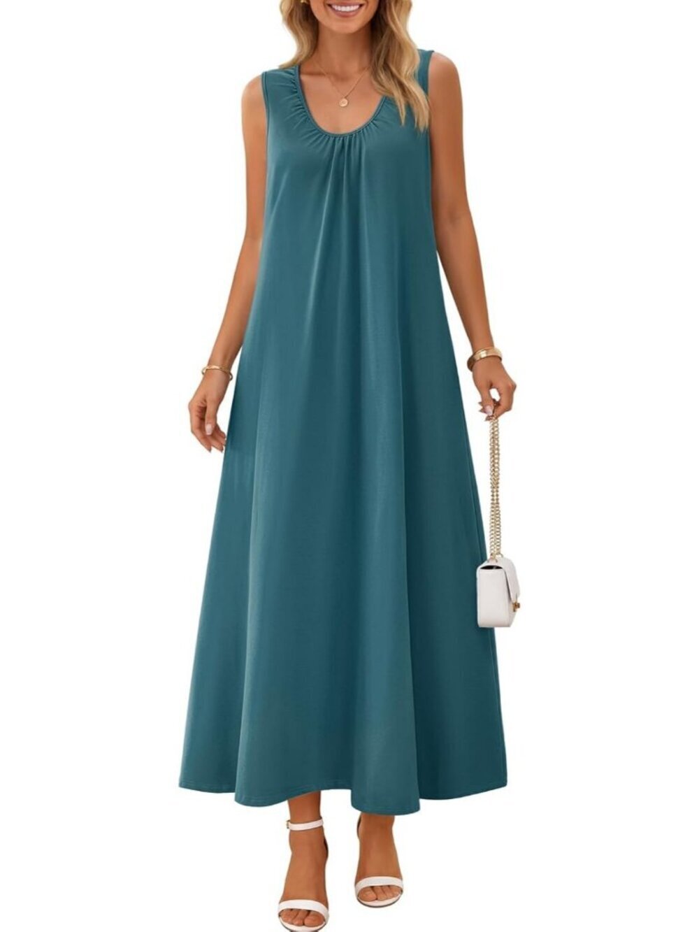 Women's Teal Sundresses Ruch Beach Summer Sleeveless Loose Tank Maxi Dress